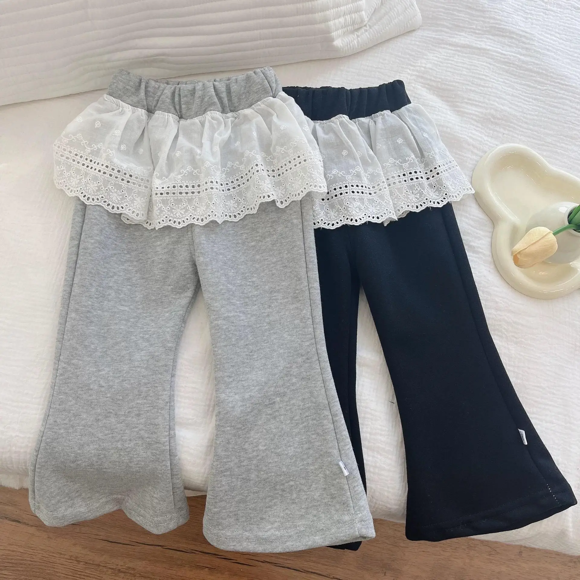 2025 Korean Lady-like Flare Pants Children Lace Drop-Seat Trousers for Girls Spring/Autumn Kids 1-6Y