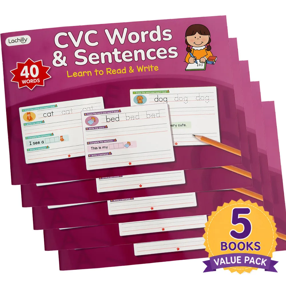 5 Books Value Pack - Phonics CVC Words & Sentences English Workbook Homeschool Supplies Vocabulary Spelling Practice Book