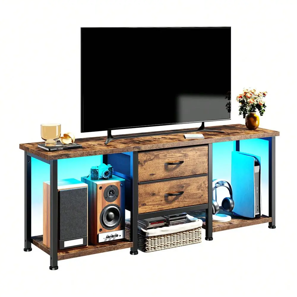 LED TV Stand With 2 Fabric Drawers 2 Open Storage Shelves, TV Console MultiFunctional Storage Cabinet For Living Room, Easy To