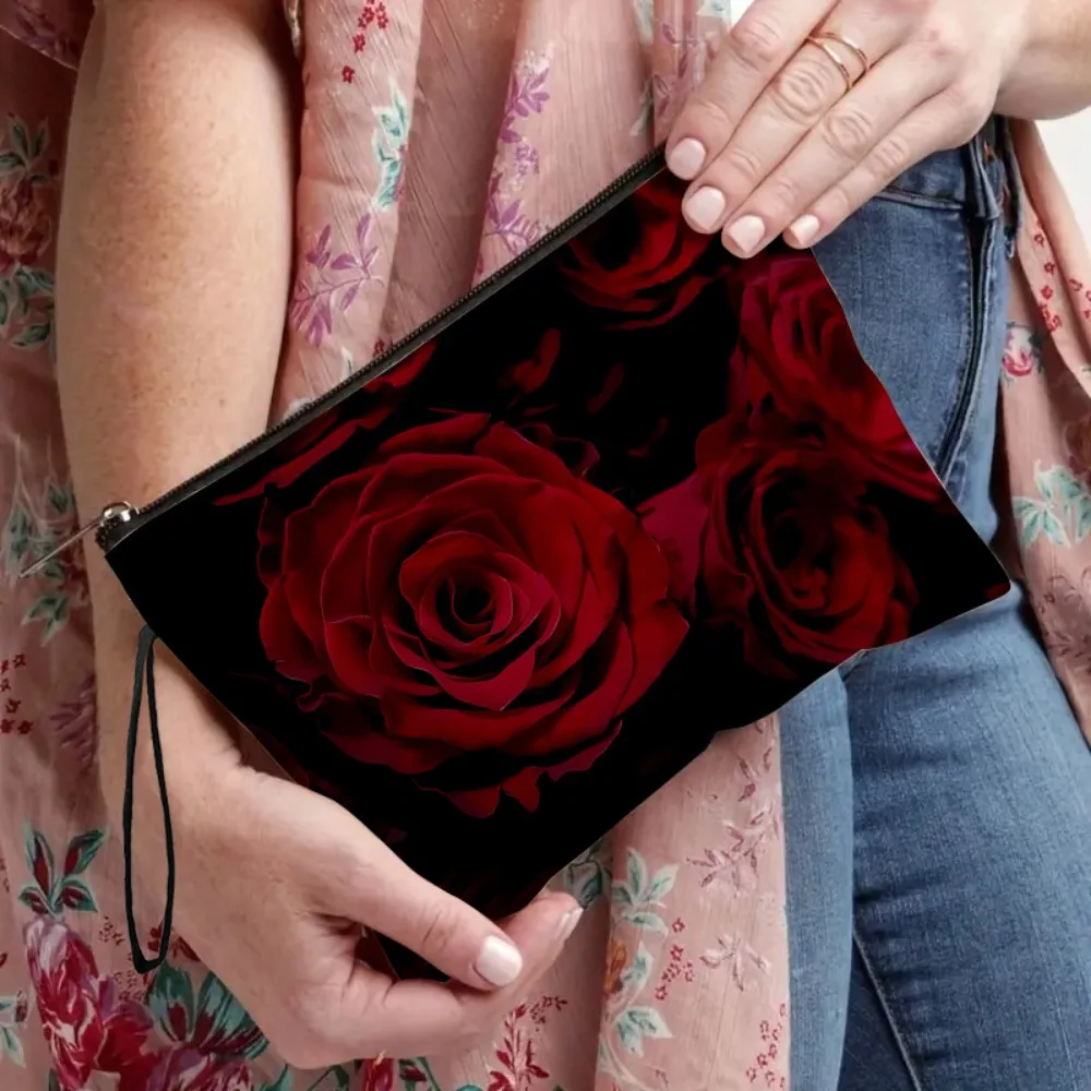 Red Rose Double-Sides Print Women Cosmetic Pouch Toiletry Makeup Storage Handbag Portable Outdoor Ladies Make Up Zipper Bag