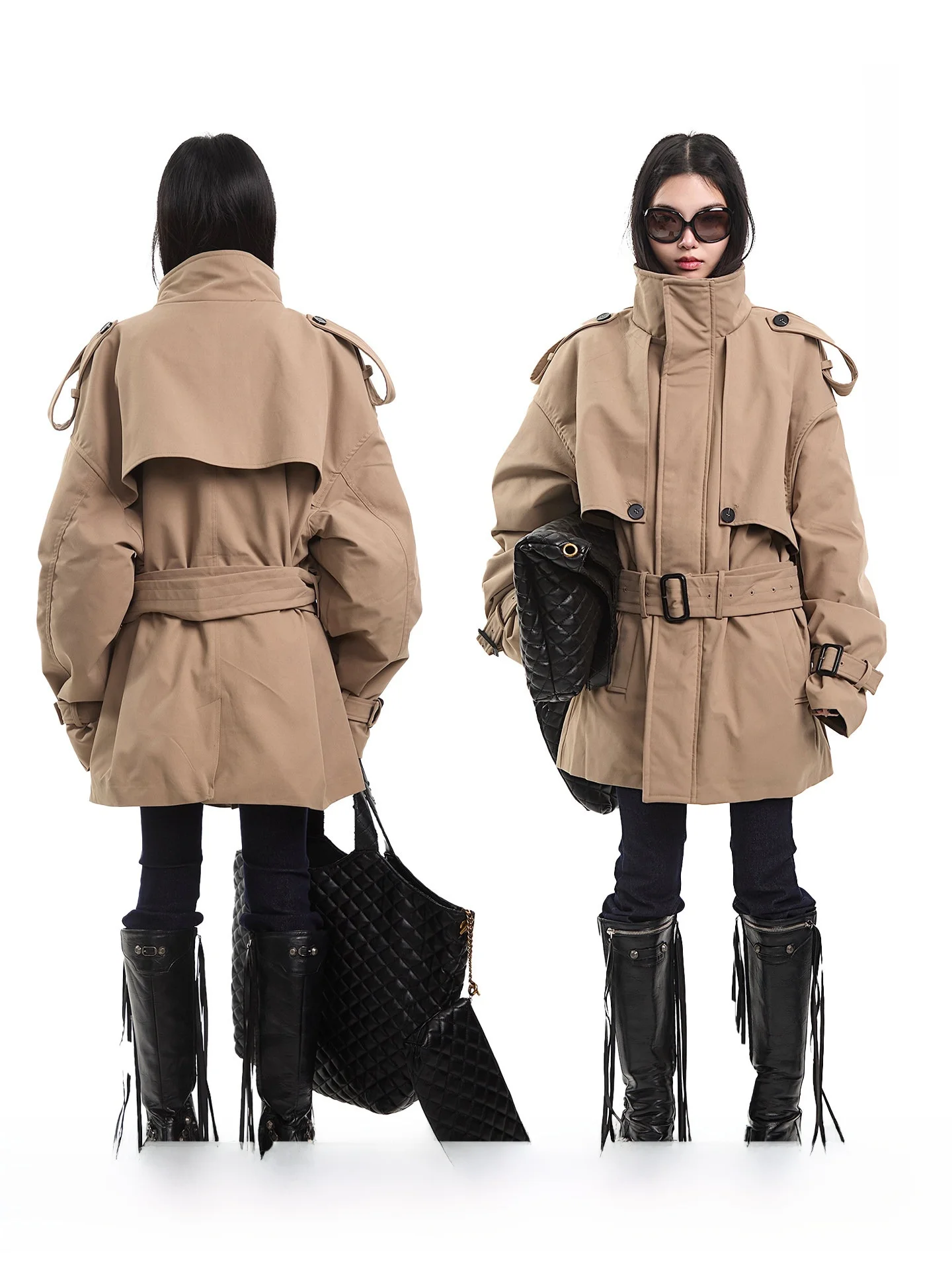

Retro Khaki Stand Collar Tailored Coat Women Winter Mid-Length Belted Commute Outerwear Loose Fit Long Sve Zipper Color