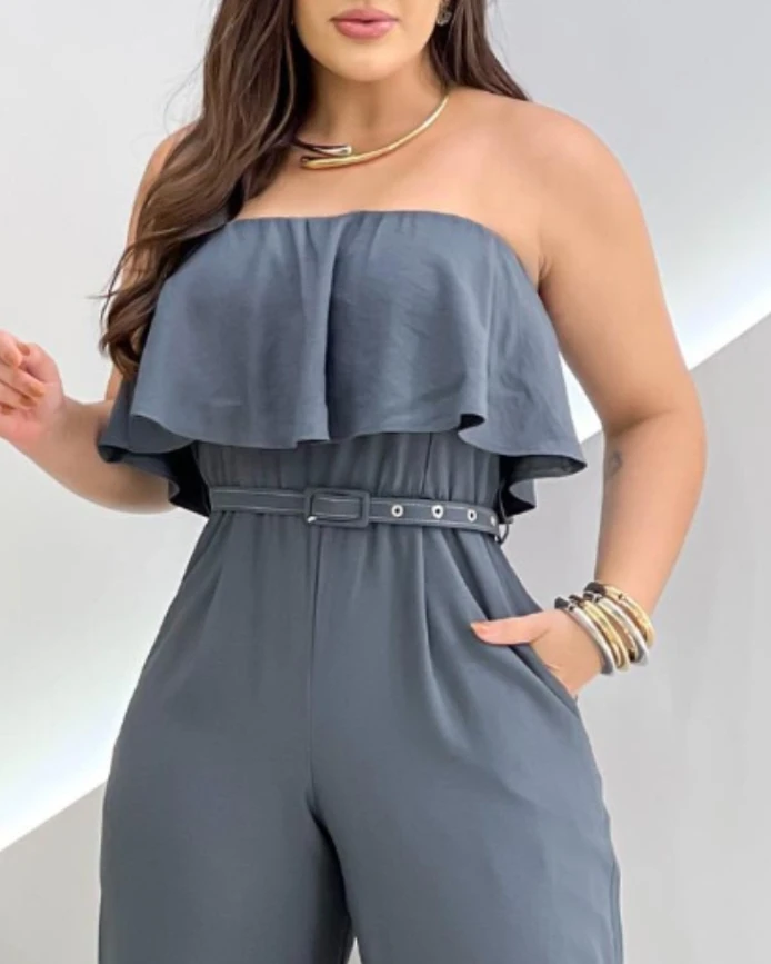 Jumpsuit dengan sabuk pakaian harian wanita, baju monyet longgar desain saku pinggang tinggi kasual dengan sabuk tanpa lengan Bandeau