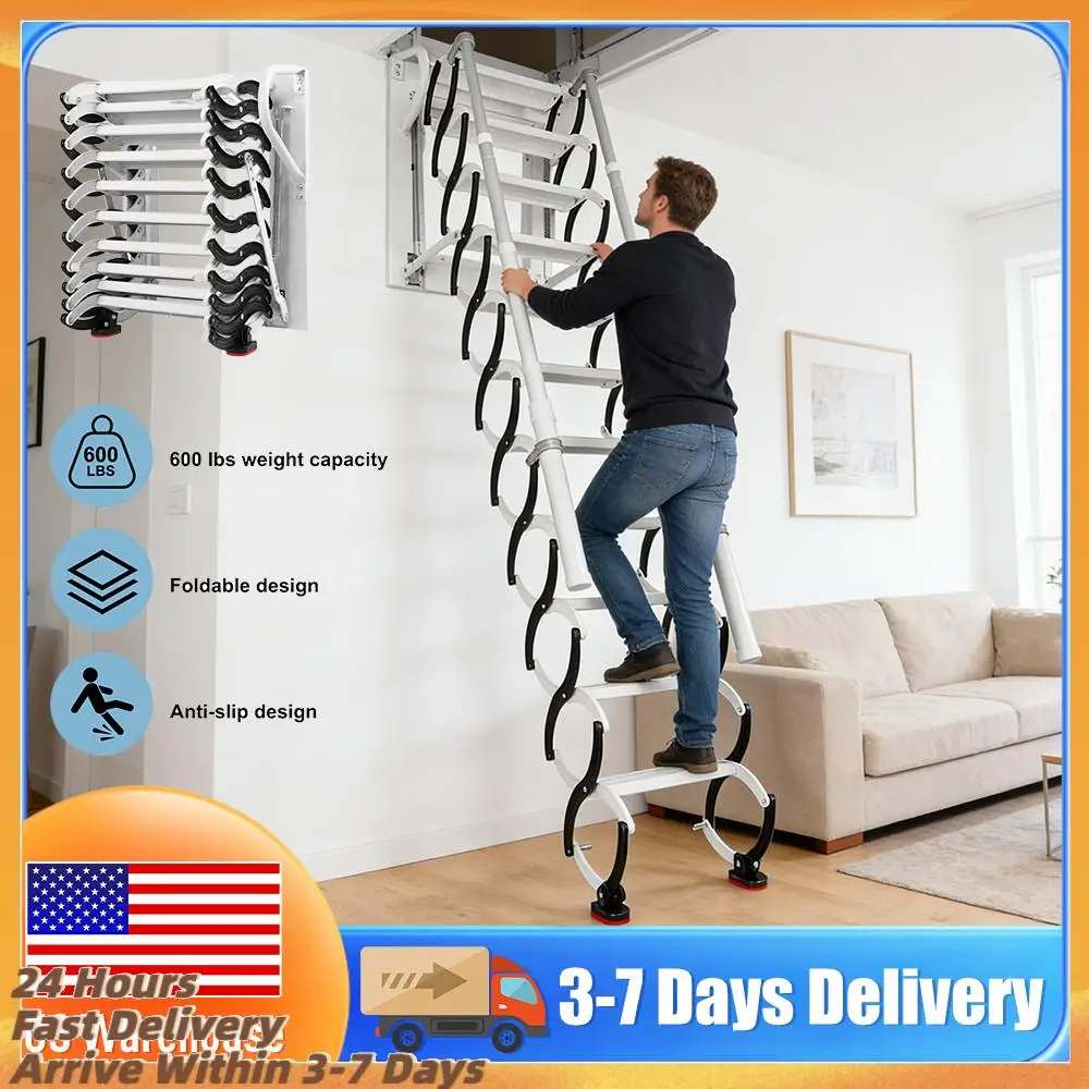 Kit de escalera para ático montada en la pared con pasamanos, escalera plegable telescópica para áticos, garajes, techos y sótanos