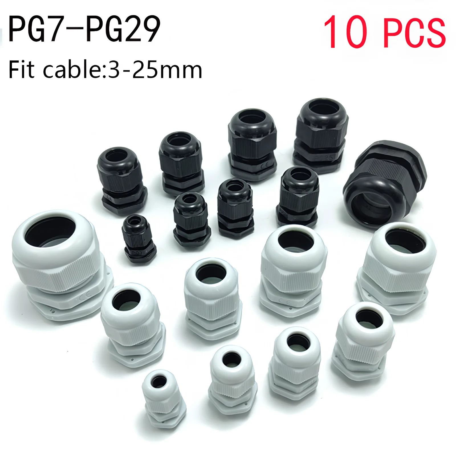 10pcs Waterproof Cable Gland PG7 PG9 PG11 PG13.5 PG16 PG19 PG21 PG29 white black nylon plastic connection fixing head IP68