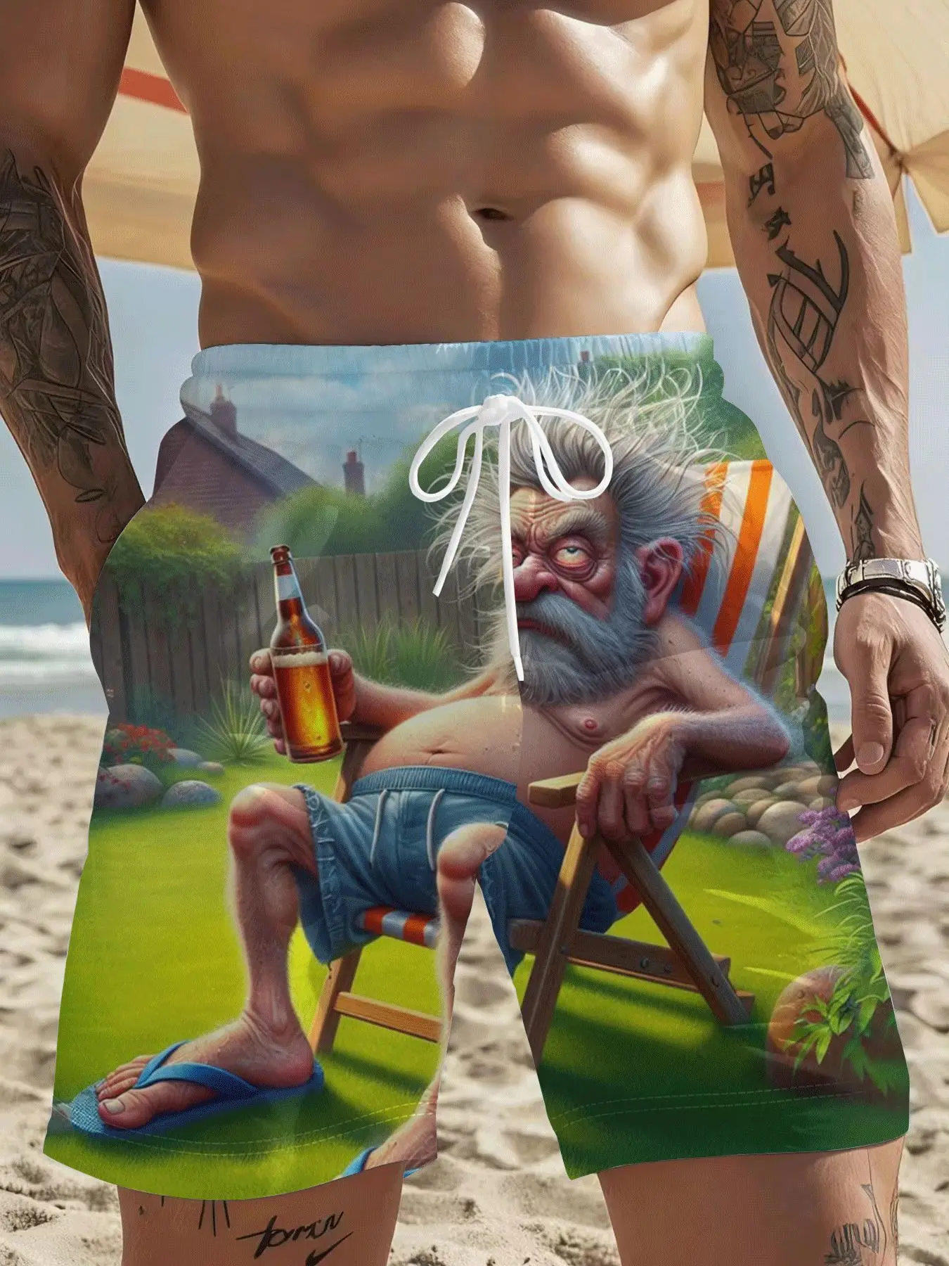 Cartoon Old Man Beach Shorts Drinking Beer 3D Print Men Oversized Surfing Beach Sport Board Pant Swimsuits Trunks Men's Clothing
