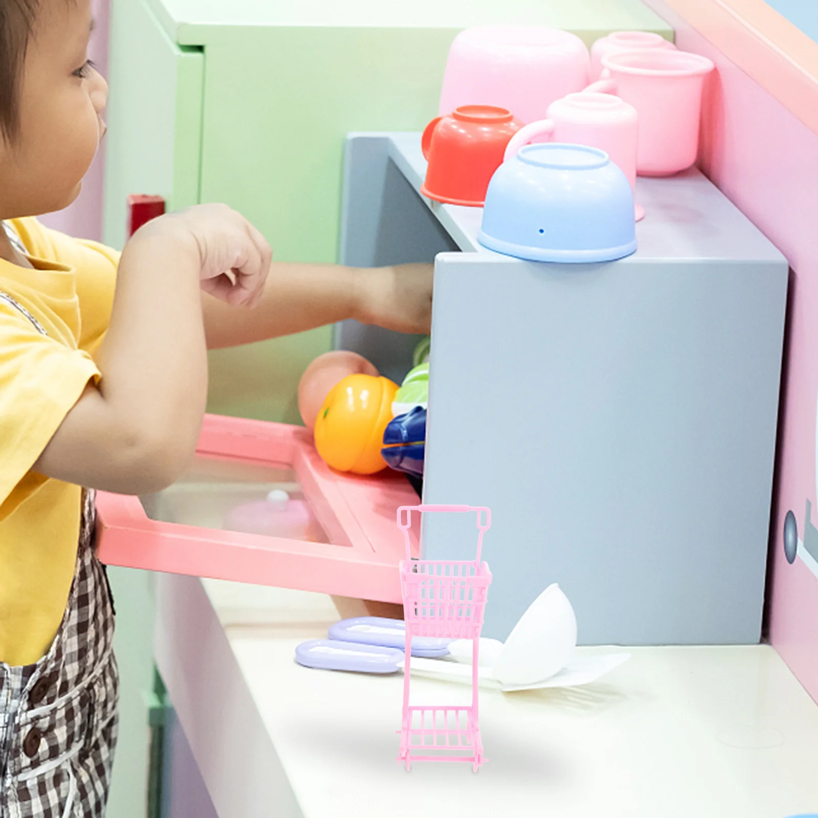 1 Uds Mini cesta pequeña de compras para niños con asa para carrito de compras de bebé juego de simulación organizador de escritorio de juego de rol de supermercado rosa
