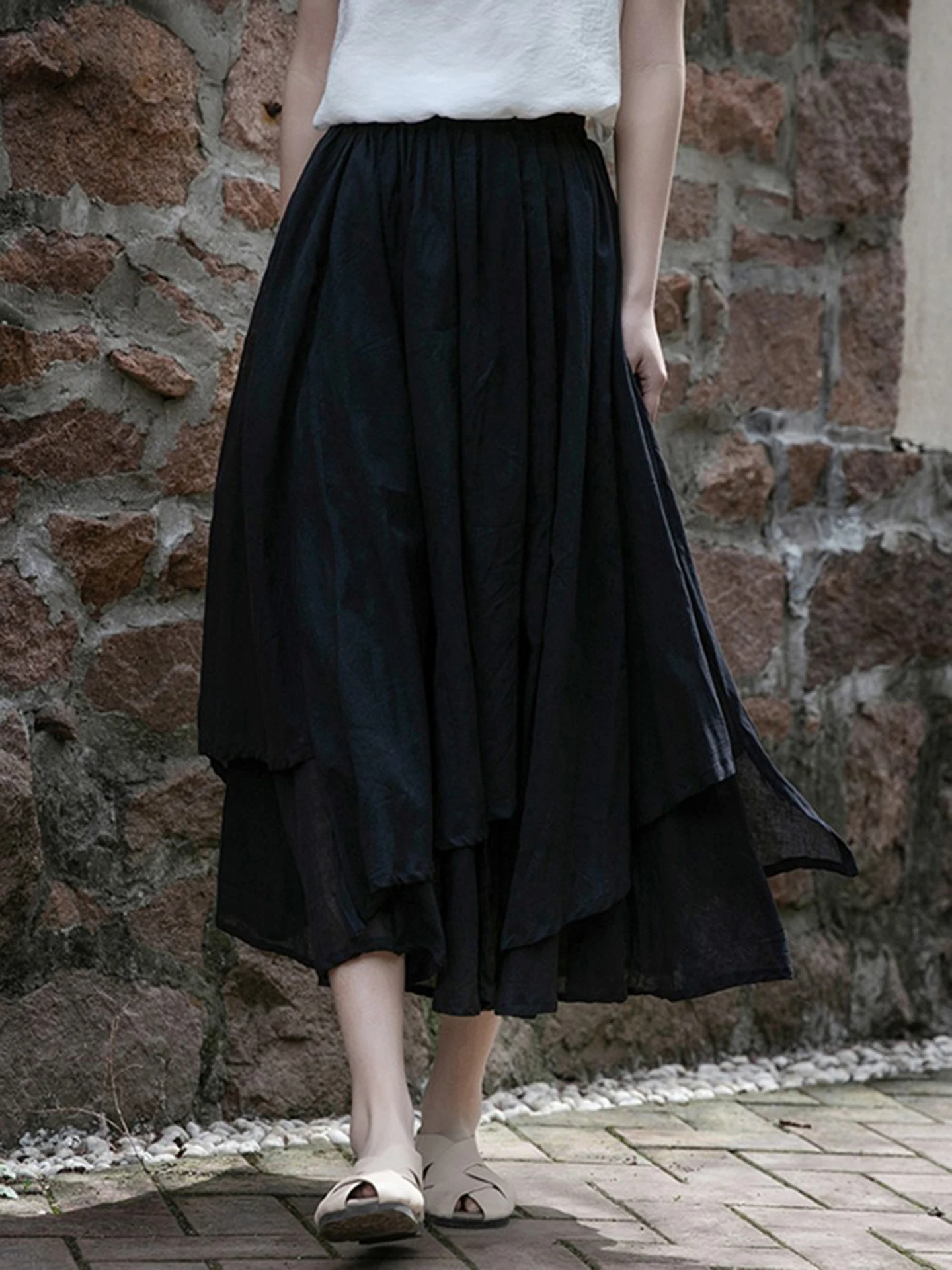 Artistic Cotton Linen Skirt Khaki Asymmetrical Hand Spray Dyeing Large Swing Half Skirt Summer New Arrival Breathable Skin-Fr...