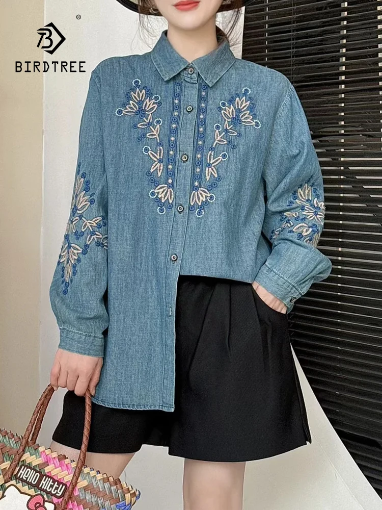

New 2025 Autumn Long Sleeve Denim Shirt, Women Turn-down Collar Embroidery, Mori Girl Retro OL Versatile Loose Blouse T58827CC