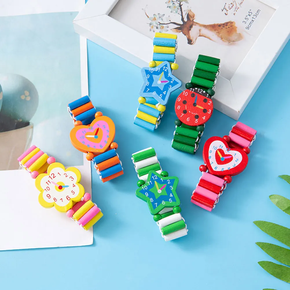 5pcs 'S Colorful Bracelet Cartoon Watches Wooden Simulated Learning Time Teaching Gift (Assorted Colors)