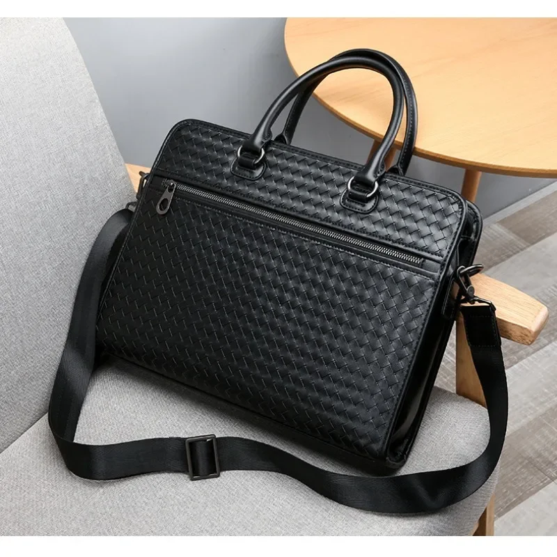 

New Fashion Men's Briefcase Business Travel Bag Woven Male Handbag Casual Shoulder Crossbody Bag Laptop Messenger Bag for Man