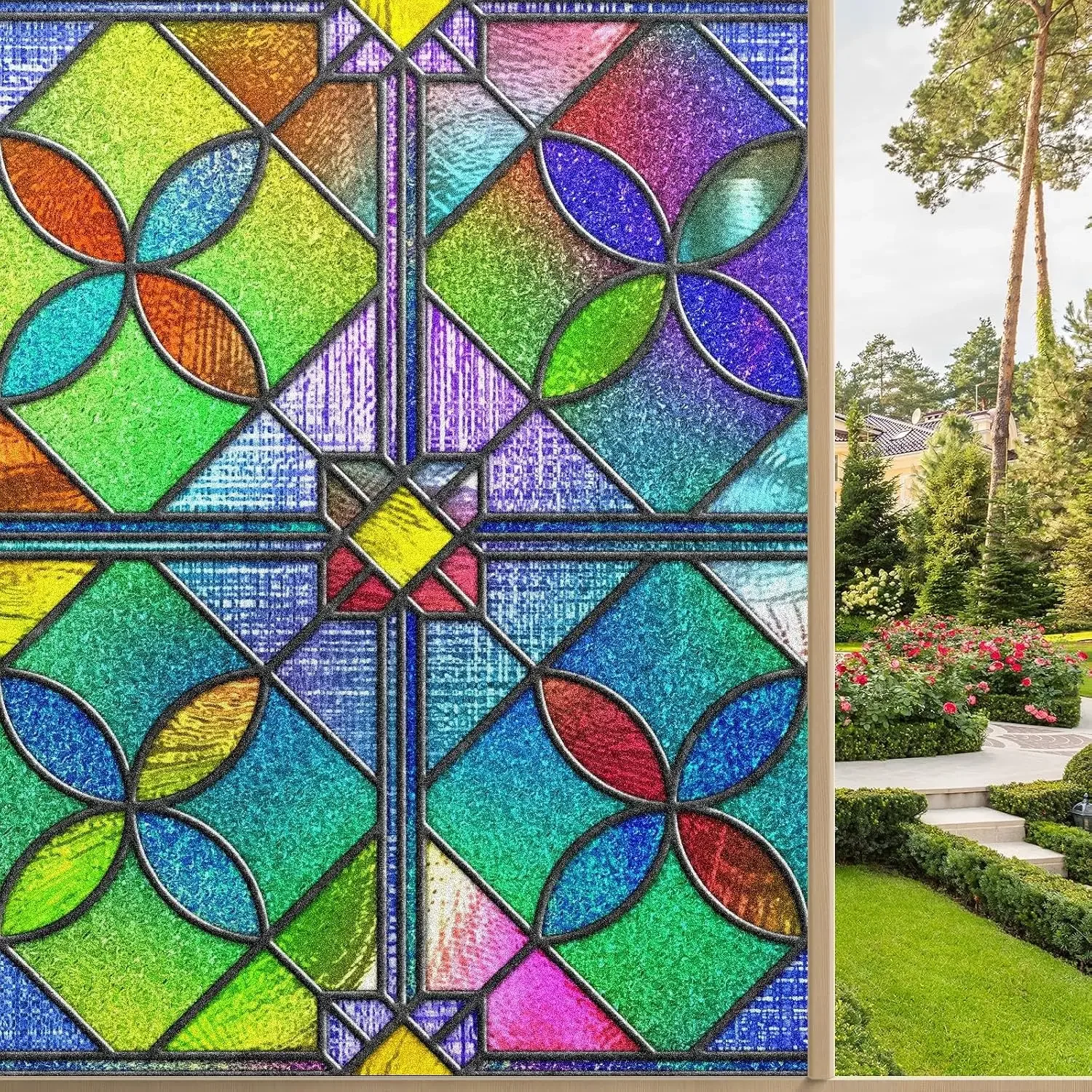 Four-Leaf Stained Glass Pattern Window Film, Non Adhesive Decor Glass Film UV Block Heat Control Reusable Film for Home Bathroom