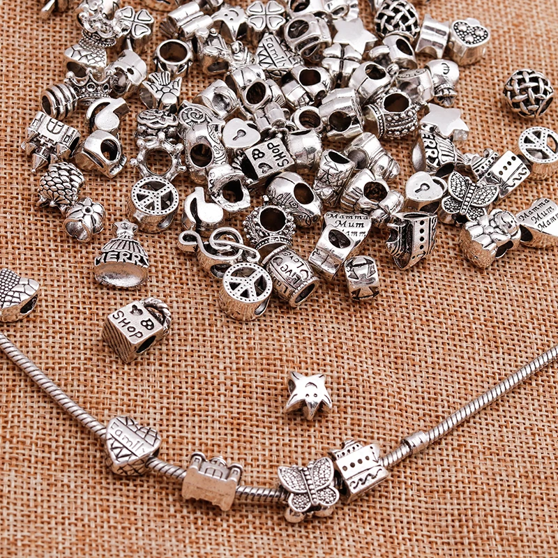 Leslie 25 Stück zufällige gemischte silberfarbene Legierungs-Charms-Perlen für Marken-Charms-Armbänder, Halsketten, mehr als 1000 Stile – Detail 10