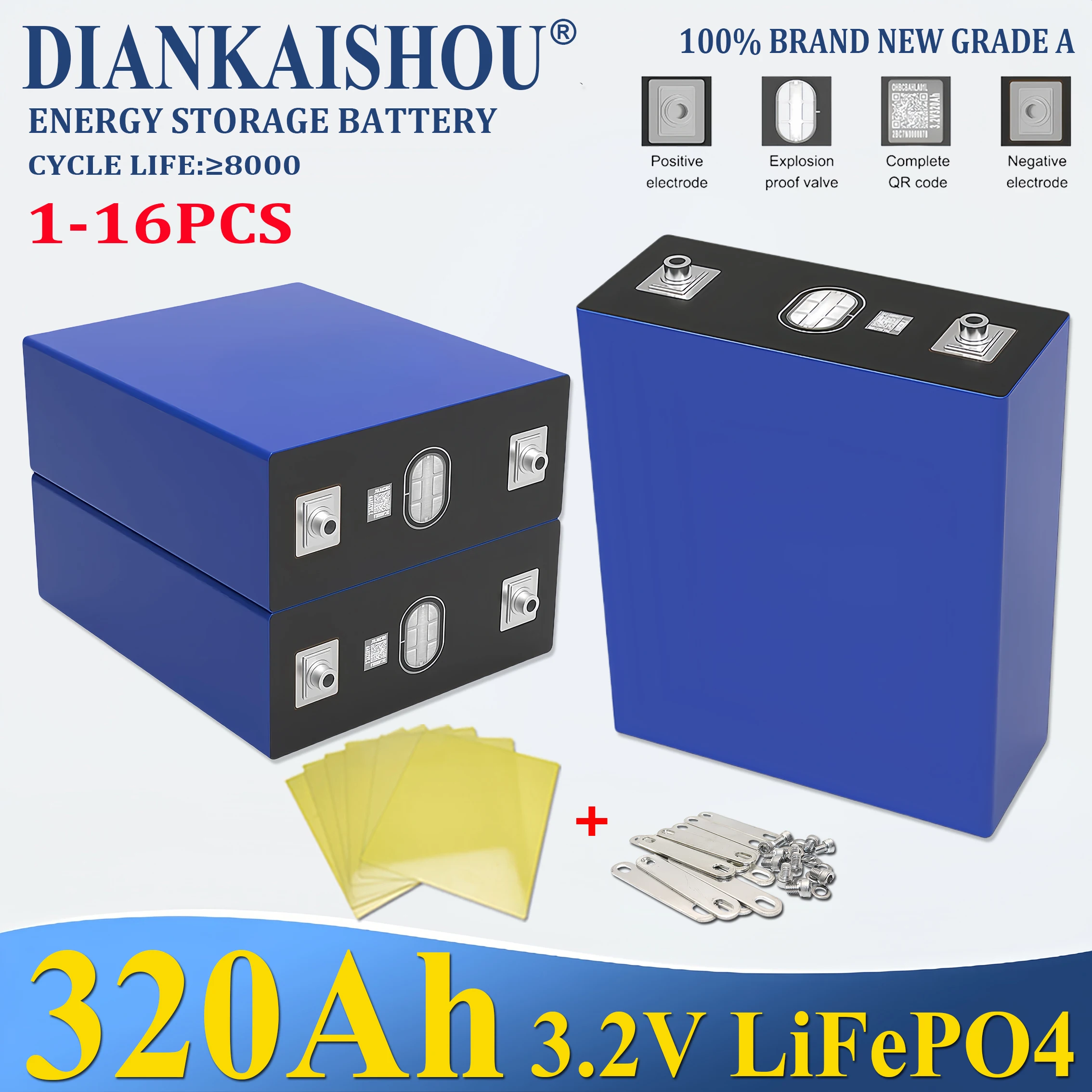 3.2V 320Ah Lifepo4 rechargeable battery DIY 12V 24V 48V RV solar storage golf cart battery pack Brand new GRADE A EU/US tax-free