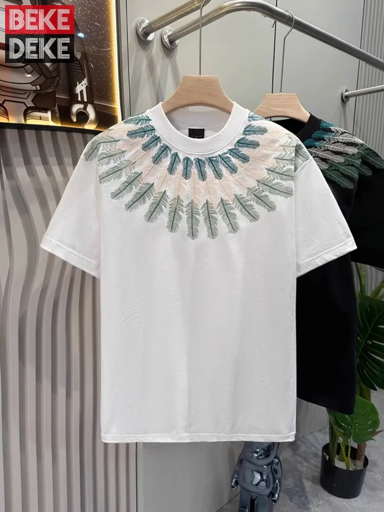 2025 Hot Sale Summer Peacock Feathers Embroidery Unisex T-Shirt Loose Fit Casual Tees O-Neck Short Sleeve Chic Youthful Pullover