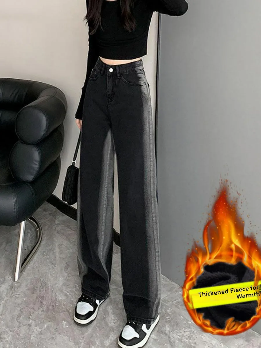 

Women's Fce Lined Wide Leg Jeans High Waist Thi Winter adual Color Blo Slimming Long Pants Straight Cut