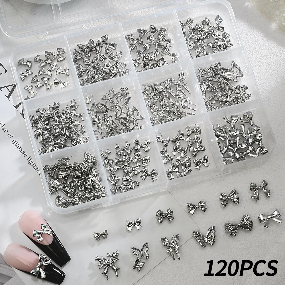 120Pcs 3D Silver Metal Bowknot Buttefly Nail Charms Mixed Exquisite Alloy Ribbon/Bow Nail Art Decorations DIY Manicure Accessory