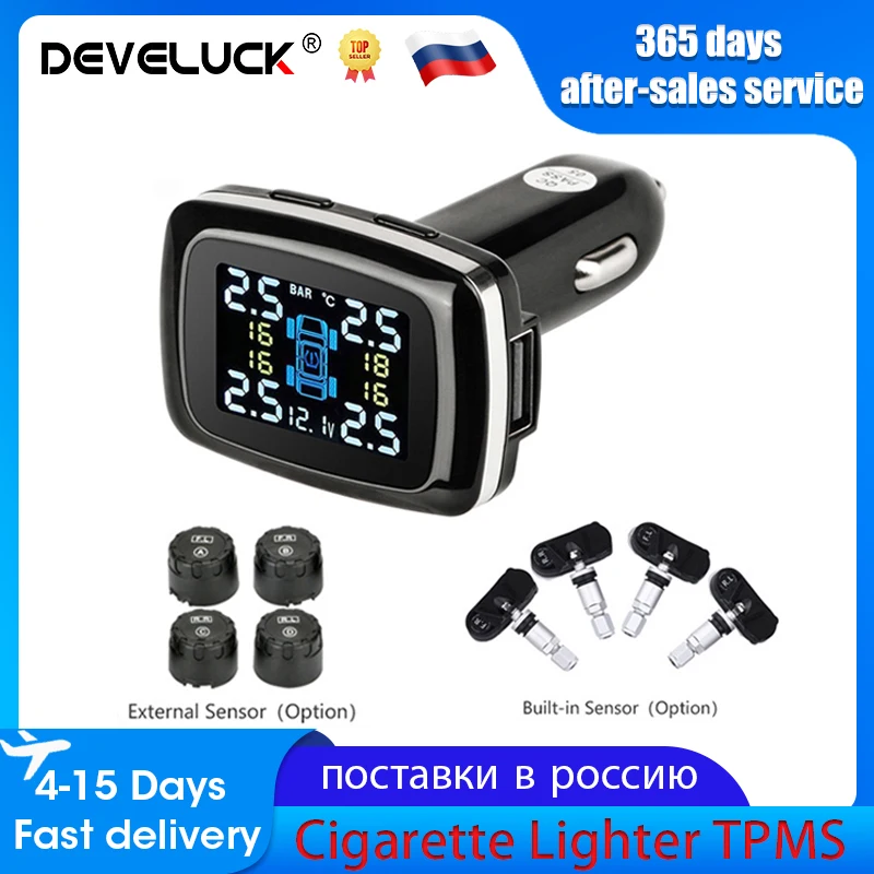 

Develuck Car TPMS Tire Pressure Monitoring System Sensors Cigarette Lighter USB port Auto Security Alarm Systems Tire Pressure