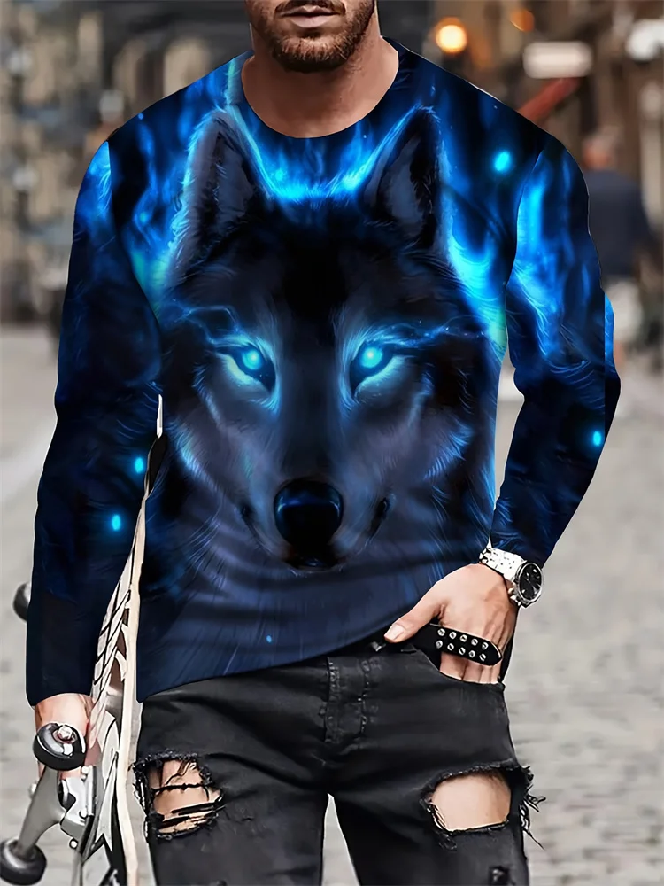 Men's 3D Wolf Long Sleeve T-Shirt Glowing Blue Eyes Graphic Tee Cyberpunk Blue Flame Fantasy Streetwear Pullover Tops Gift
