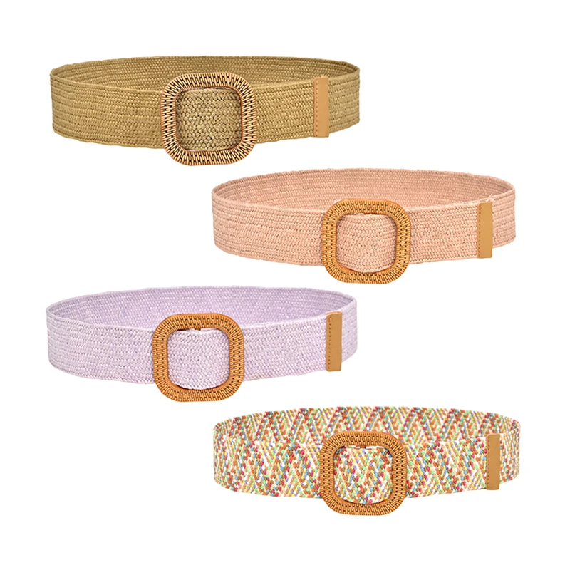 Brede riem Rekbare elastische raffia geweven houten gesp Damesriem Mode Creatieve accessoires