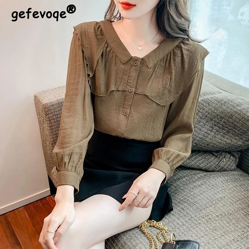 Women\'s Clothing Korean Fashion Ruffle Sweet Shirt Vintage Elegant Long Sleeve Blouse Female Solid Loose Chic Tops Casual Blusas