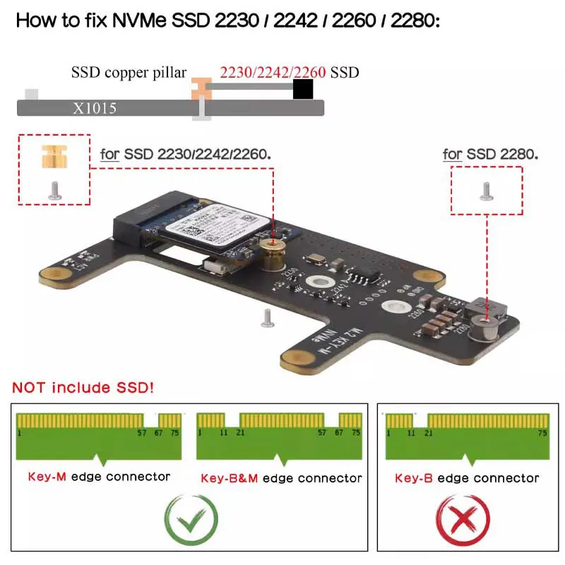 Raspberry Pi 5 PCIe to M.2 NVME SSD X1015 Expansion Board Supports Raspberry PI AI Kit Hailo-8L chip Support 2230/2242/2260/2280