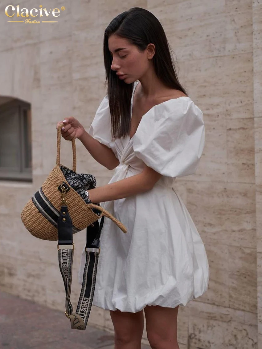 White Cotton V-Neck Mini Dress - Loose Fit Short Sleeve