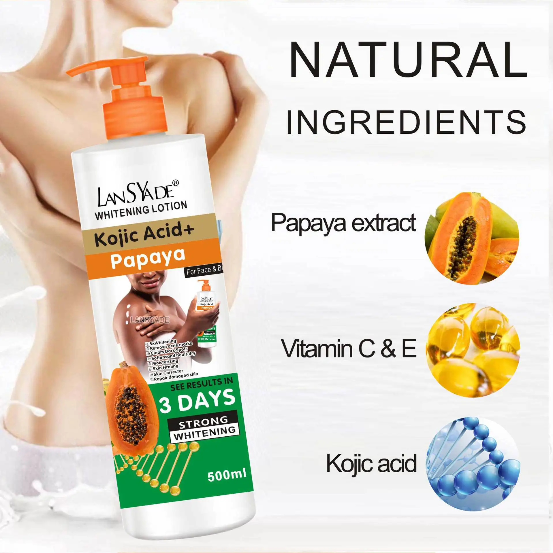 Loção Corporal Papaya para Massagem da Pele, Hidrata Essência, Tornando a pele suave e melhorando a rugosidade, 500ml