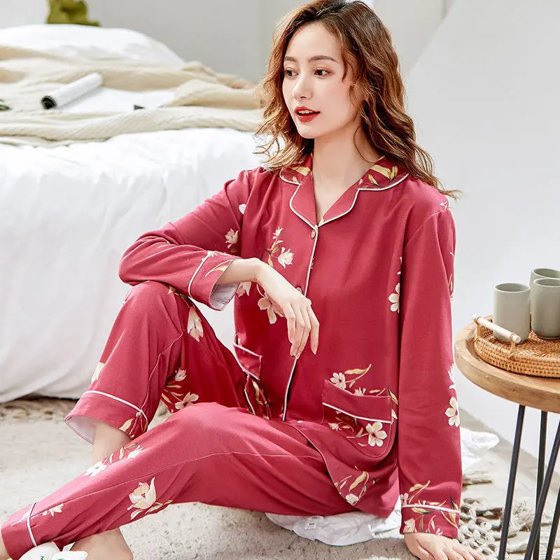 New Pure Cotton Pajamas, Long-sleeved Cardigan for Women, Middle-aged Plate-sized Spring and Autumn Home Wear Set, Thin Comfort