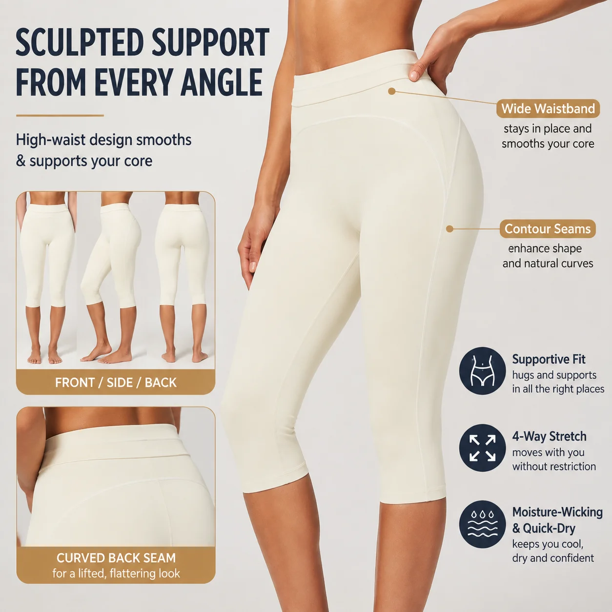 Women High Waist Capri Leggings 3/4 Yoga Pants White Piping Tummy Control Gym Running Workout Fitness Athletic