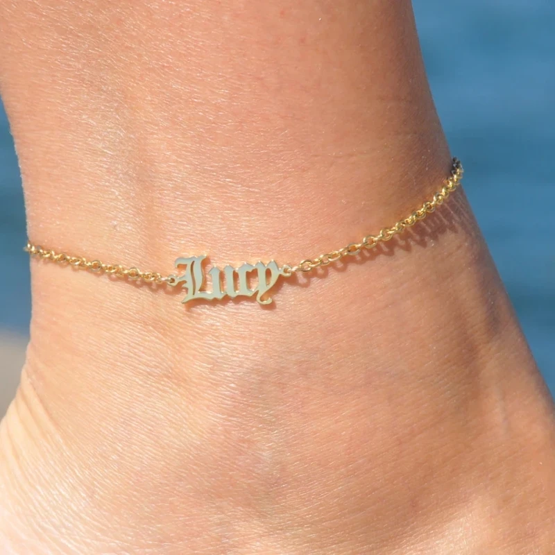 Custom Gold Color Gold English Name Ankle Bracelet Women Lady Personalized Name Anklet Stainless Steel Leg Chain Retro Jewelry