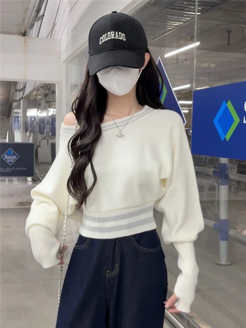 

Sli White Striped Slant oulder Long Sve Sweater Women's Autumn Winter Loose Knitted Top Waist Cinched Inner Wear