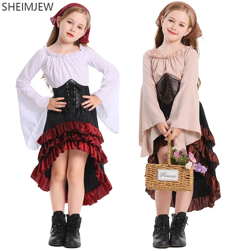

Halloween Women's Medieval Pirate Costume Children Hunter Club Corset Tuxedo Dress Performance Role Play Fancy Dress Party Gown