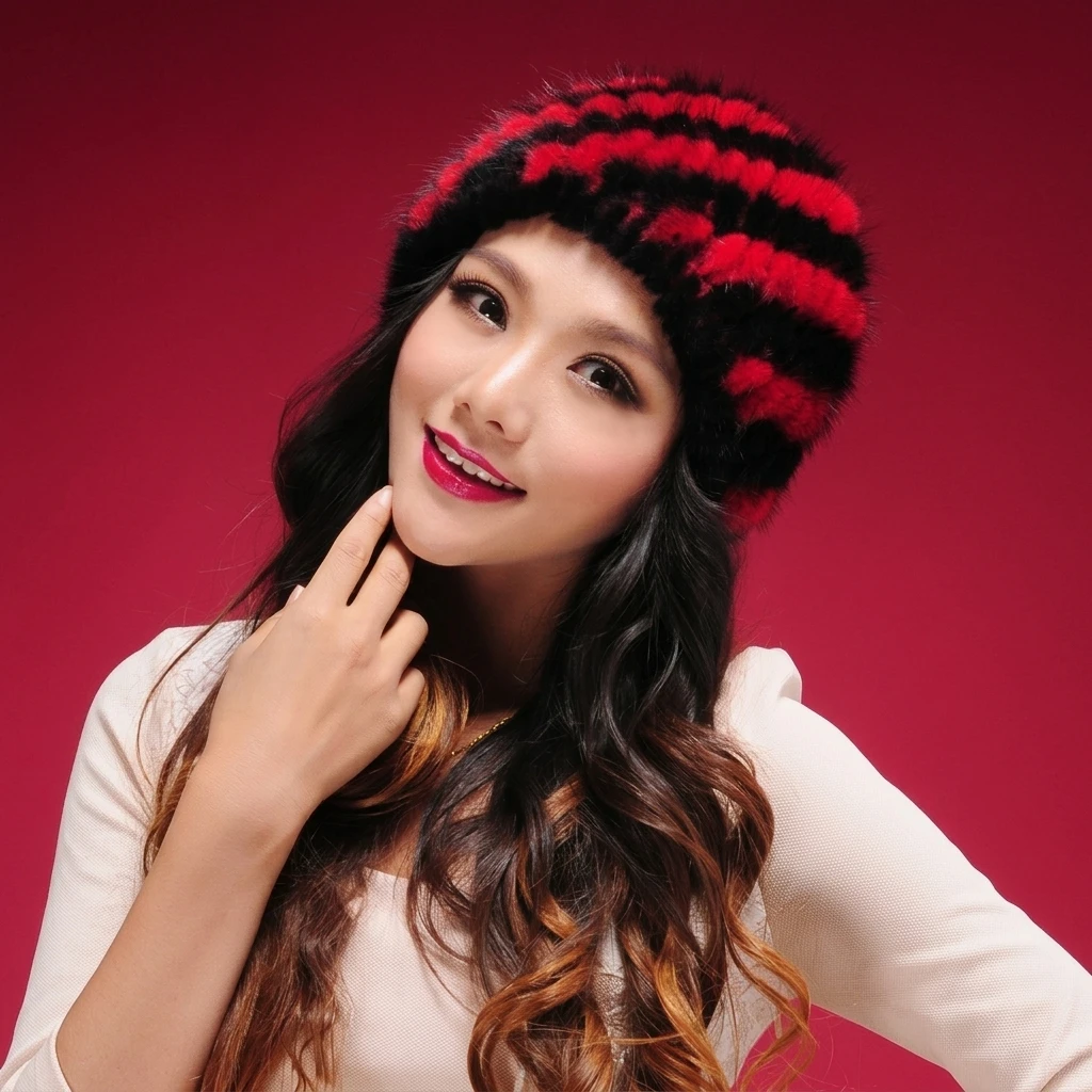 Women Real Mink Horizontal Striped  Hat Roll Cuff Elastic Soft Plush Warm Winter Daily Outdoor Ladies  Cap Multi Colors