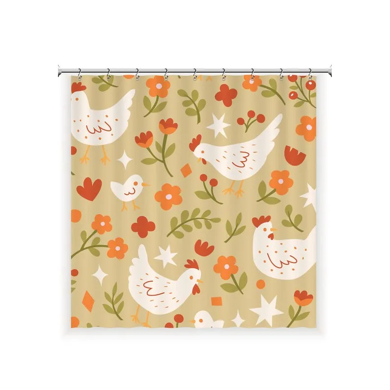 Farmhouse Chicken Shower Curtain Cute Hen and Chick Bathroom Decor Country Farm Style Fabric Floral Scandinavian Print for Kids