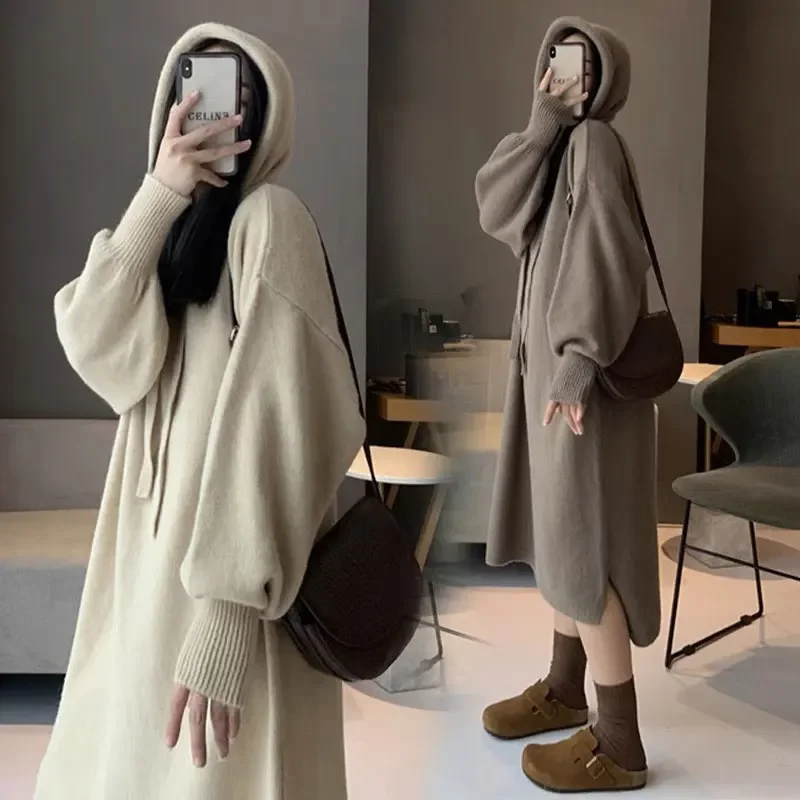 Mid-Length Hood Knitted dress Women 2024 New Autumn and Winter Idle Sle Loose Thickened Sweater Dress Base Women