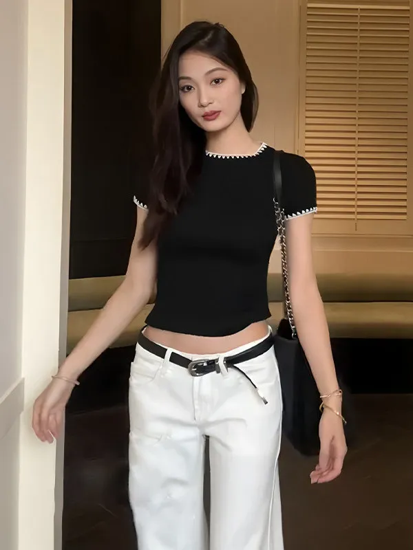 

plus Size Women's Bla ort Sve T-irt Korean Sle Slim Fit Patchwork Spring Summer Base irt Color Blo Top
