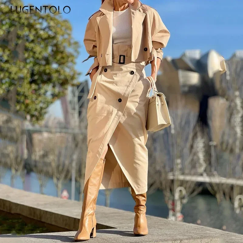 Women Casual Two-piece Sets Fashion Cargo Button Belt Cropped Trench Coat Irregular High Waist Slit Skirt Elegant Party Wear