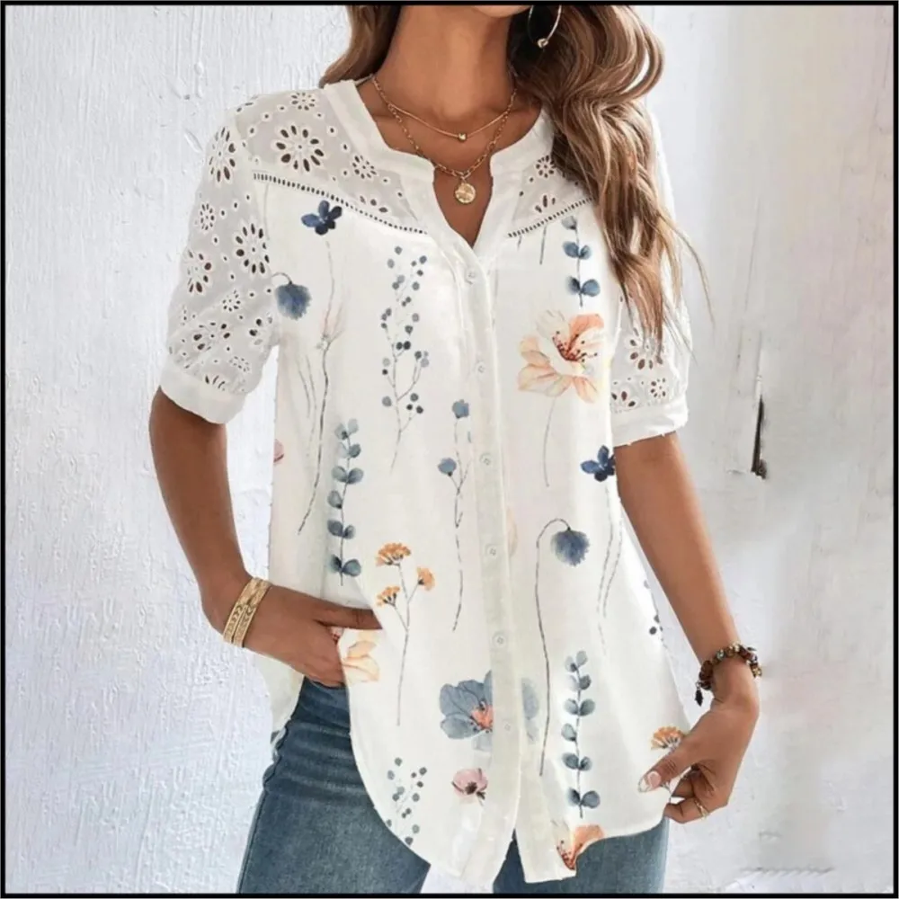 

Leisure Flower Printed Cardigan Hollowed Out Blouses 2024 New Fashion Lapel Short Sleeved Shirt Women's Top Camicette Femme