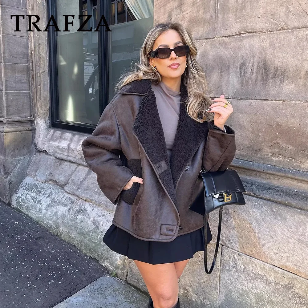 TRAFZA 2023 Autum Winter Vintage Woman Leather Coats Loose Fur Women Jacket Single Breasted Pocket Thick Casual Jackets Parkas