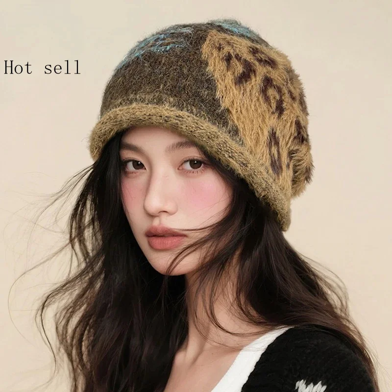 Korean Retro Knitted Stacked Hat Ladies Chic Warm Ear Protection Beanies Women's Fashion Design Printed Female Winter