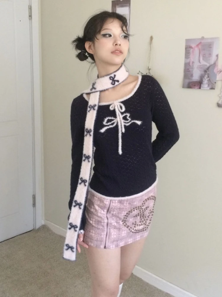 Y2k Aesthetic Girl Bow Printing Scarf Harajuku Two-sided Warmth Korean Cute Neckerchief 2024 Japanese Grunge Streetwear Scarves