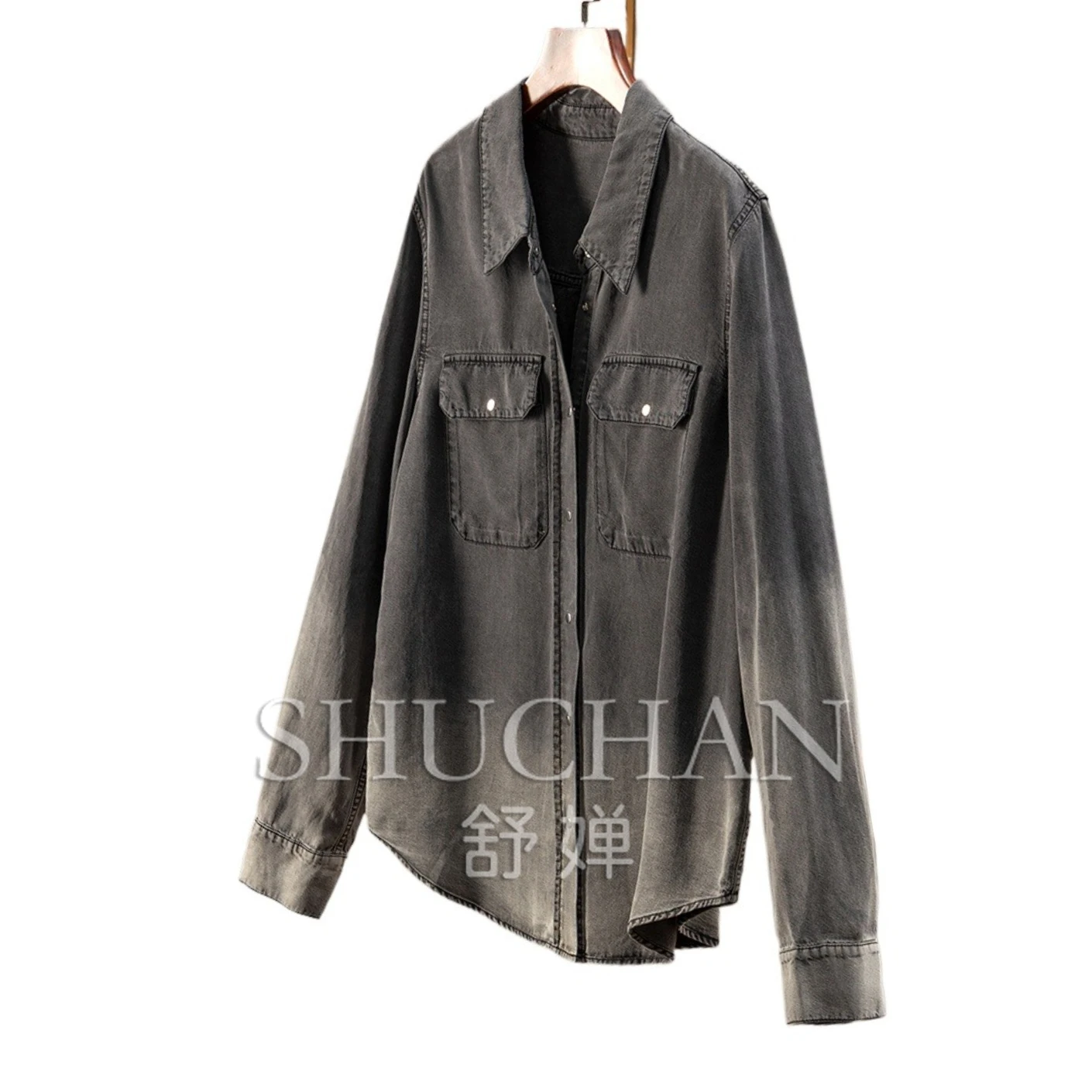 

Early Autumn Soft Drape Tencel Arc Pendulum Denim Shirt Jacket Women 08F1 Loose Long Sleeve Top