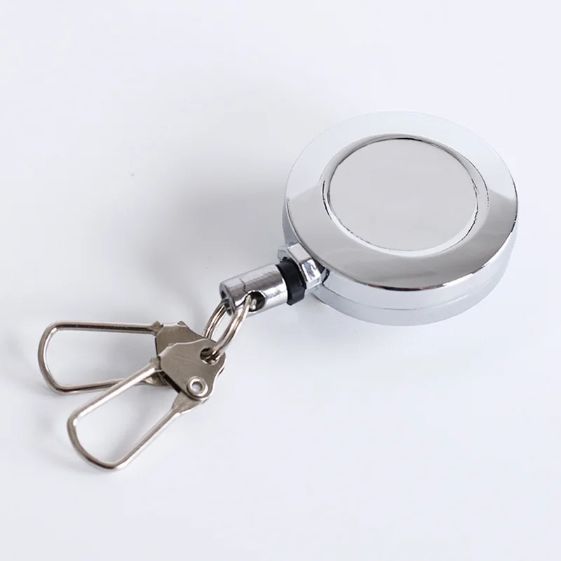 Zinc Alloy Badge Reel Retractable Keychain Double Hook Fishing Lanyard Circular Automatic Reel for Outdoor Lure Rock Fishing