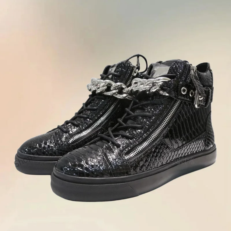 

Chain Zipper Decor Black Alligator Print Men Sneakers Fashion Cross Tied Men Shoes Luxury Handmade Party Office Men Casual Shoes