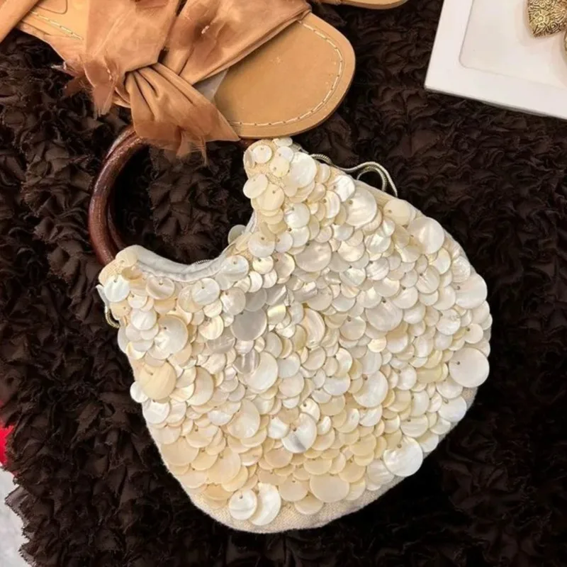 

Wood Top Handle Handbag ladies White Crystal Shell Clutch Bag High Quality Women Wedding Hand Woven Vintage Chic Shoulder bag