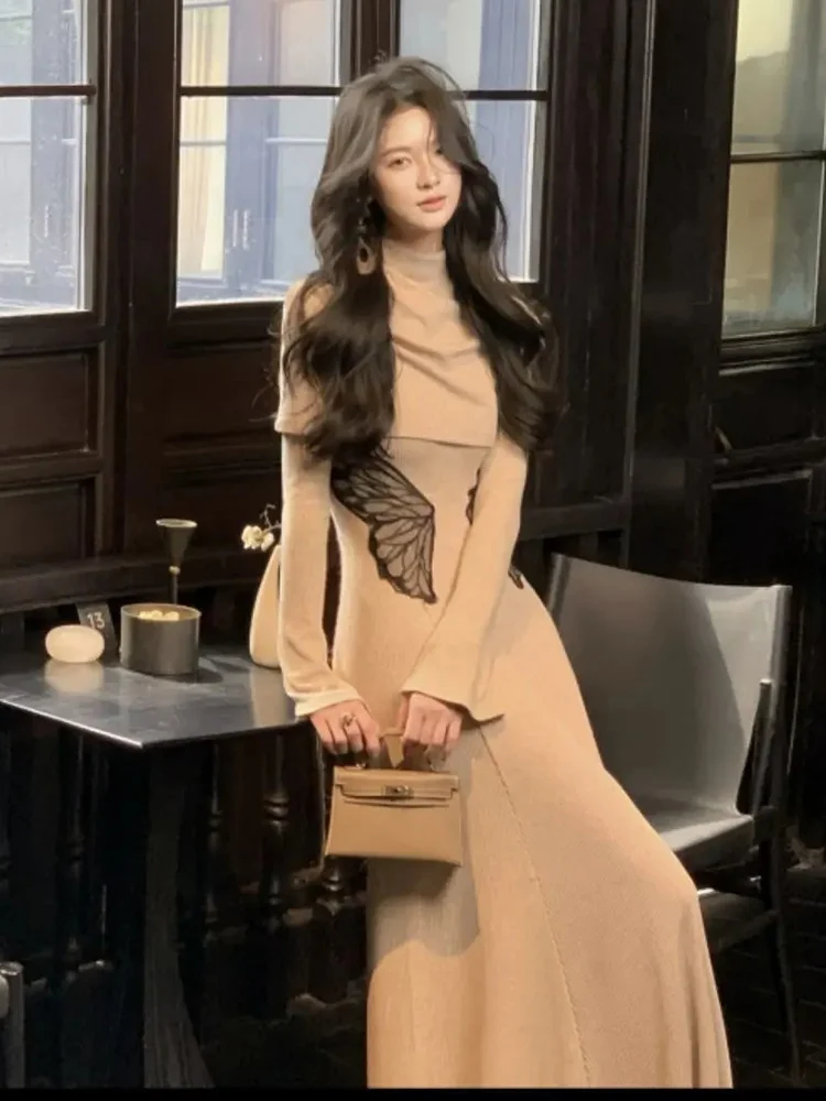 Y2k الجمالية قطعتين مجموعة النساء الدانتيل فراشة محبوك فستان عالي الخصر + نصف الياقة العالية سموك فروك 2025 الجنية الجرونج البدلة #5