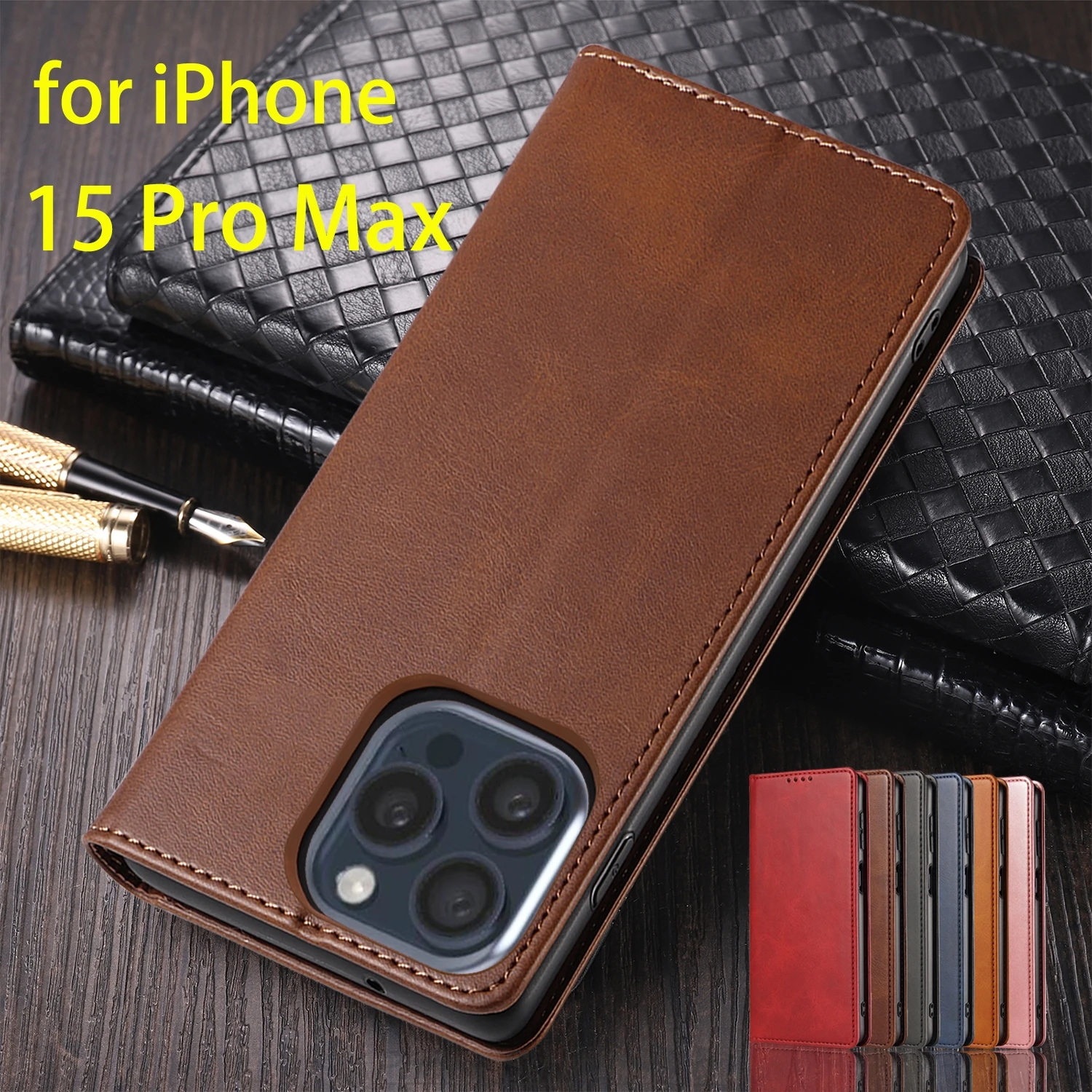 

Leather Case for Apple iPhone 15 Pro Max 6.7" Card Holder Holster Magnetic Attraction Cover Wallet Flip Case Capa Fundas Coque