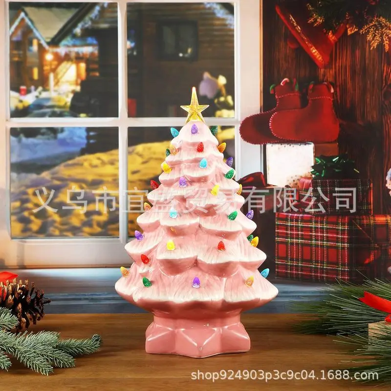 Ceramic Christmas Village Decoration Tree With Tree Topper Star Multicolored Lights For Ornaments Home Courtyard Ornaments Gift