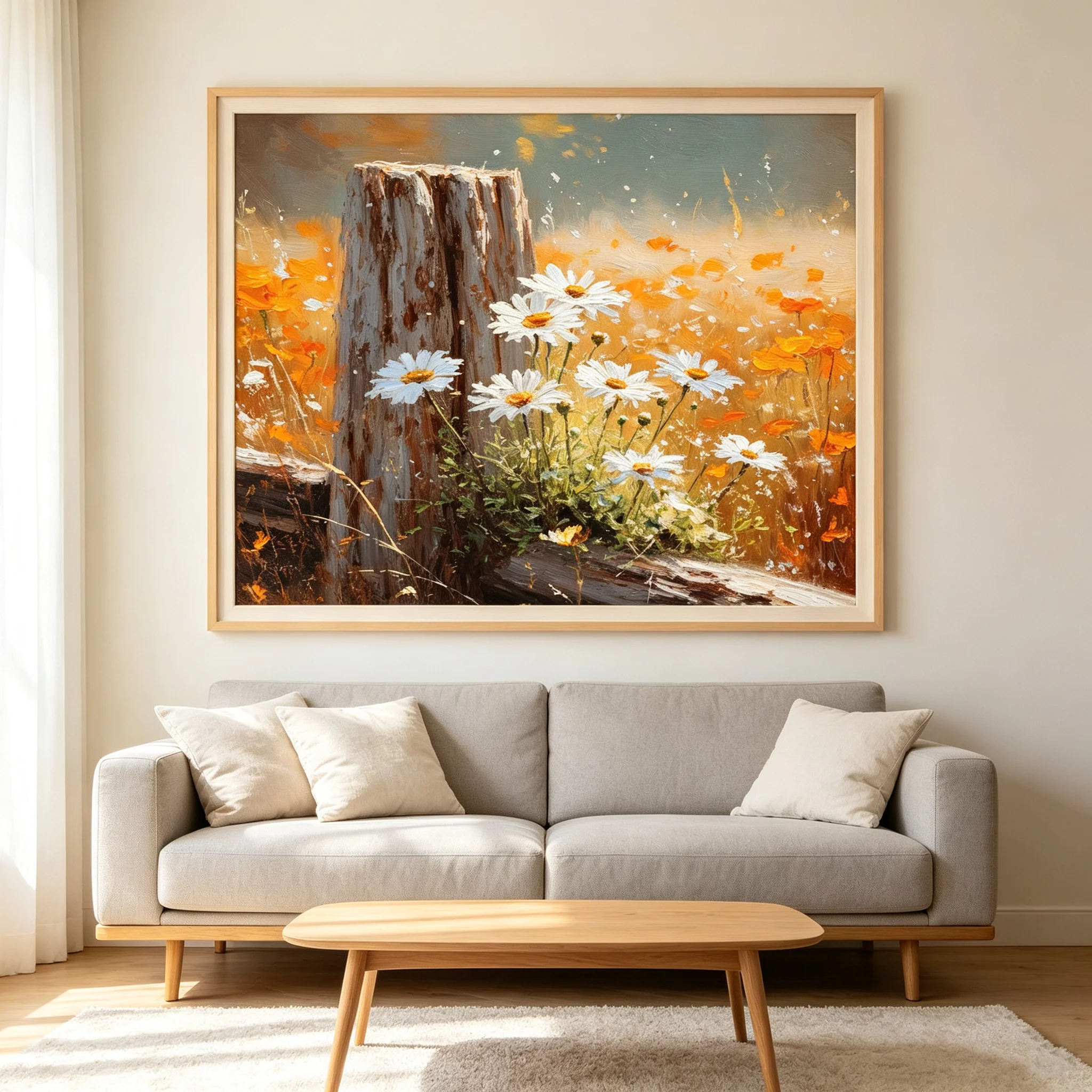 Wilderness Wooden Fence Landscape Wall Art Canvas Painting, Autumn White Daisy Flower Poster for Living Room Bedroom Home Decor