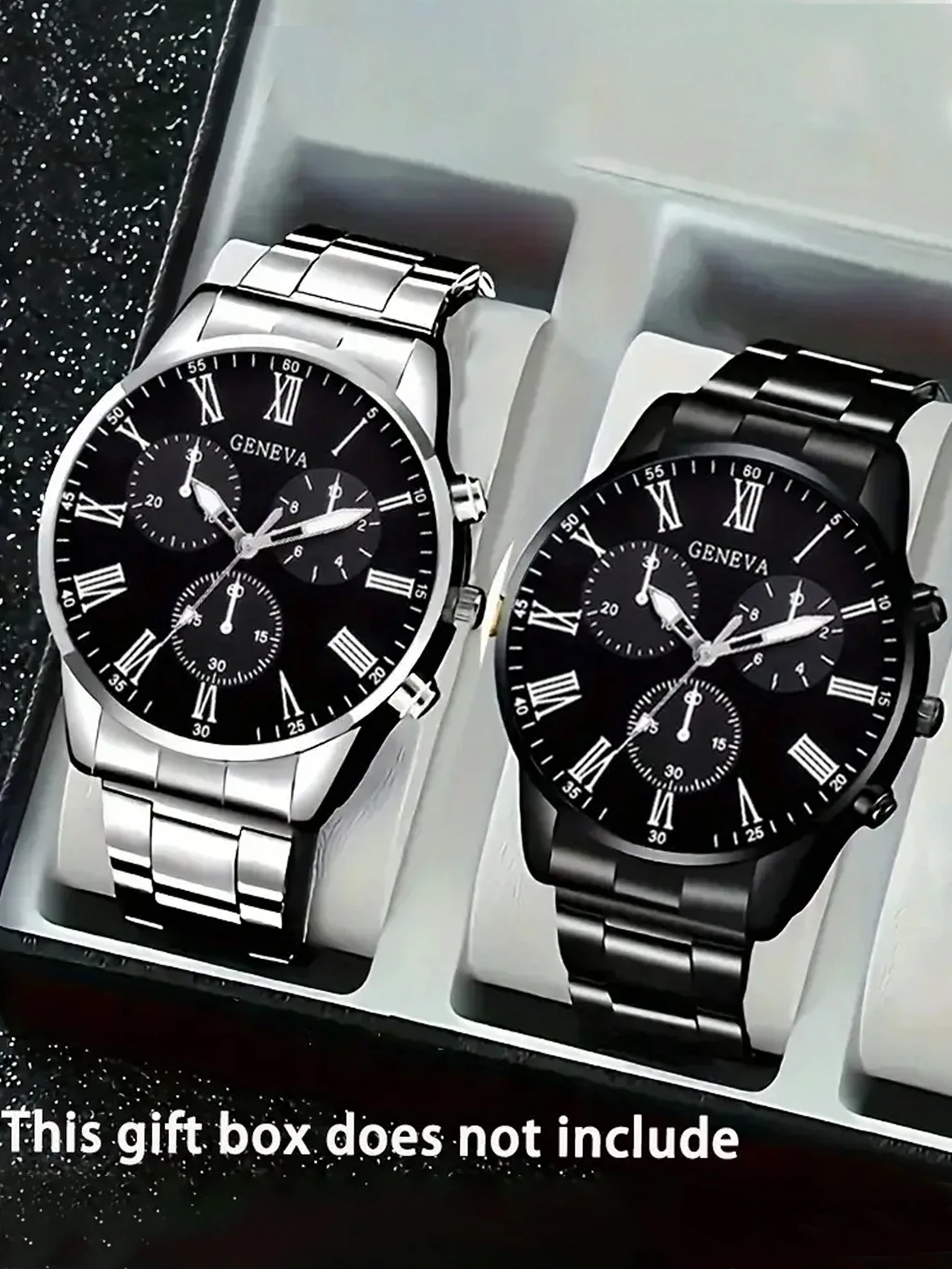 Roman Numeral Moon Dial Multi-Function Quartz Watch Silver & Black Steel Watch Pack